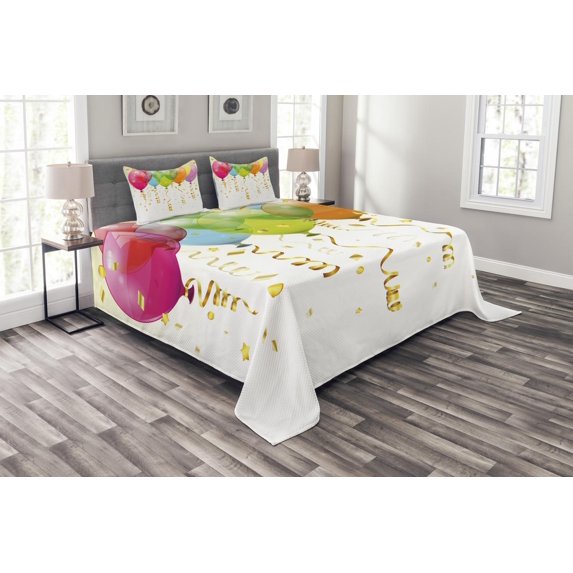 Ambesonne Party Quilted Bedspread Set 3 Pcs, 3D Balloons Rain, King Size, Multicolor