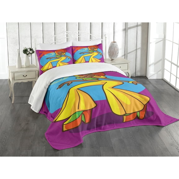 Ambesonne Party Quilted Bedspread Set 3 Pcs, Afro Disco Lady, Queen Size, Multicolor