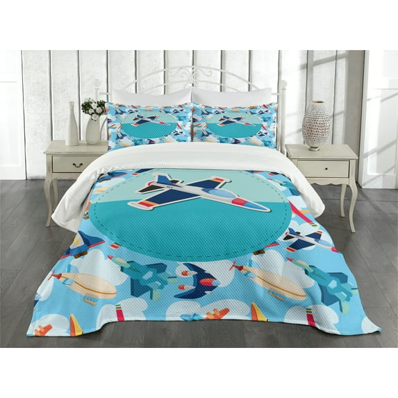 Ambesonne Party Quilted Bedspread Set 3 Pcs, Airplane Composition, Queen Size, Multicolor