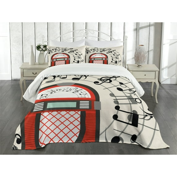 Ambesonne Party Quilted Bedspread Set 3 Pcs, Antique Red Old Music Box, King Size, Red Black Grey