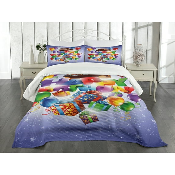 Ambesonne Party Quilted Bedspread Set 3 Pcs, Birthday Presents Cake, King Size, Multicolor