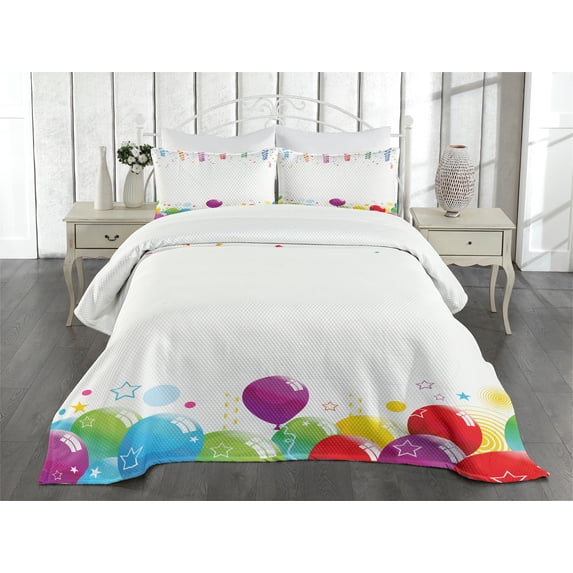 Ambesonne Party Quilted Bedspread Set 3 Pcs, Curly Papers and Balloons, King Size, Multicolor