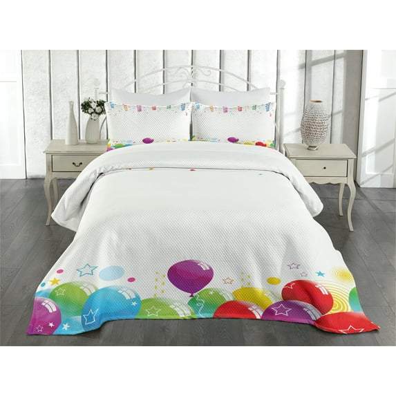 Ambesonne Party Quilted Bedspread Set 3 Pcs, Curly Papers and Balloons, Queen Size, Multicolor
