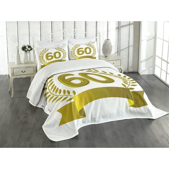 Ambesonne Party Quilted Bedspread Set 3 Pcs, Golden Age Birthday, King Size, Olive Green Yellow