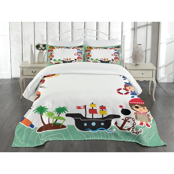 Ambesonne Party Quilted Bedspread Set 3 Pcs, Pirate Ship, Queen Size, Multicolor