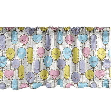Ambesonne Party Window Valance, Pattern of Kawaii Balloons Smiling, Curtain Valance for Kitchen Bedroom Decor with Rod Pocket, 54" X 18", Ivory Multicolor