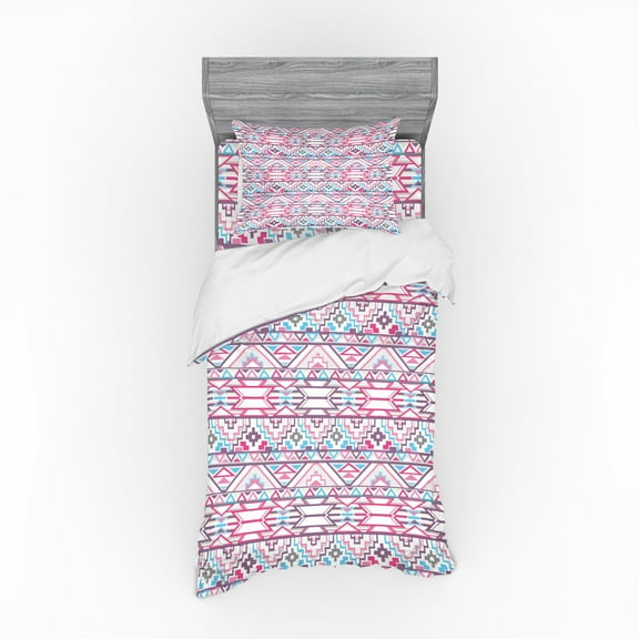 Ambesonne Pastel Bedding Set 3 Pcs, Aztec Inspired Ikat Seem, Twin, Pink Pale Blue Purple