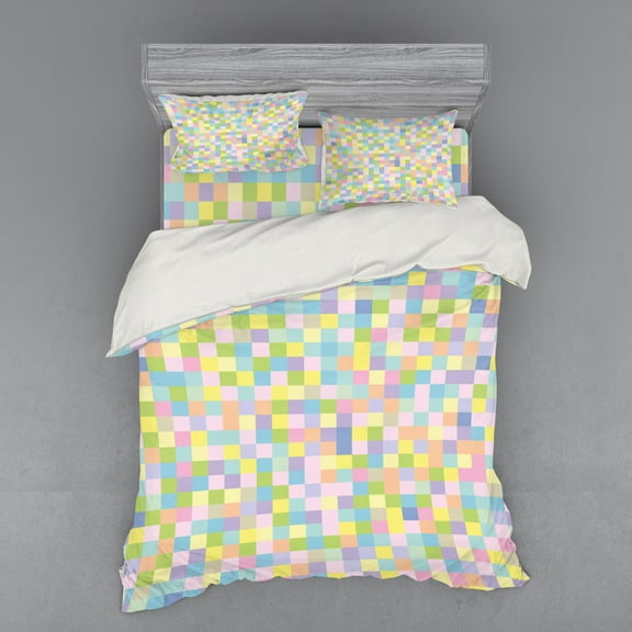 Ambesonne Pastel Bedding Set 4 Pcs, Colorful Squares Mosaic, Queen, Multicolor