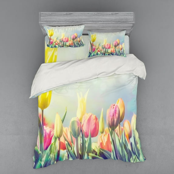Ambesonne Pastel Bedding Set 4 Pcs, Tulips Flower Bed Park, Queen, Multicolor