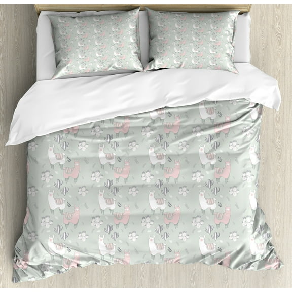 Ambesonne Pastel Duvet Cover Set, Llama in Cartoon Style, King, Pale Sage Green Blush