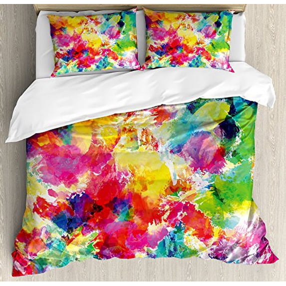 Ambesonne Pastel Duvet Cover Set, Oil Painting Style Abstract Watercolors Brushstrokes Mottled Messy Vibrant Print, Decorative 3 Piece Bedding Set with 2 Pillow Shams, Queen Size, Yellow Mag