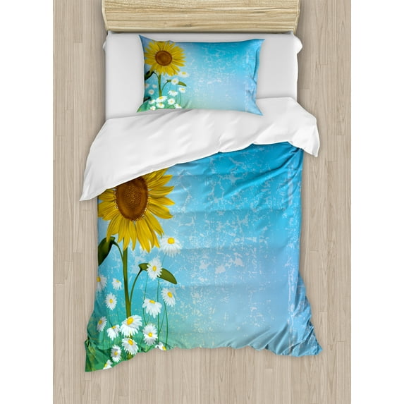 Ambesonne Pastel Duvet Cover Set, Sunflowers Chamomiles, Twin, Blue Yellow Green