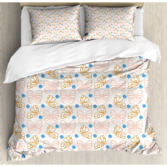Ambesonne Pastel Duvet Cover Sets, Butterflies and Flowers Art, 2-Queen, Off White and Multicolor