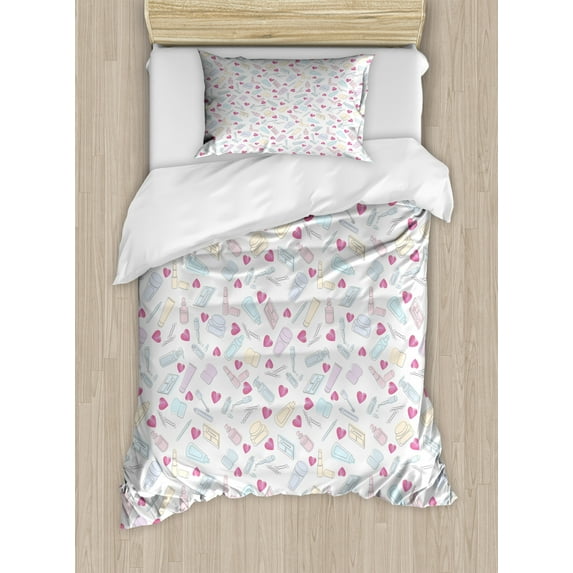Ambesonne Pastel Duvet Cover Sets, Cosmetic Sketches and Hearts, 2-Twin, Pale Grey and Multicolor