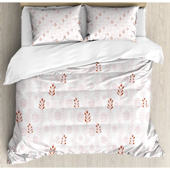 Ambesonne Pastel Duvet Cover Sets, Soft Hatches and Leaves Art, 2-King, Blush Rust and White