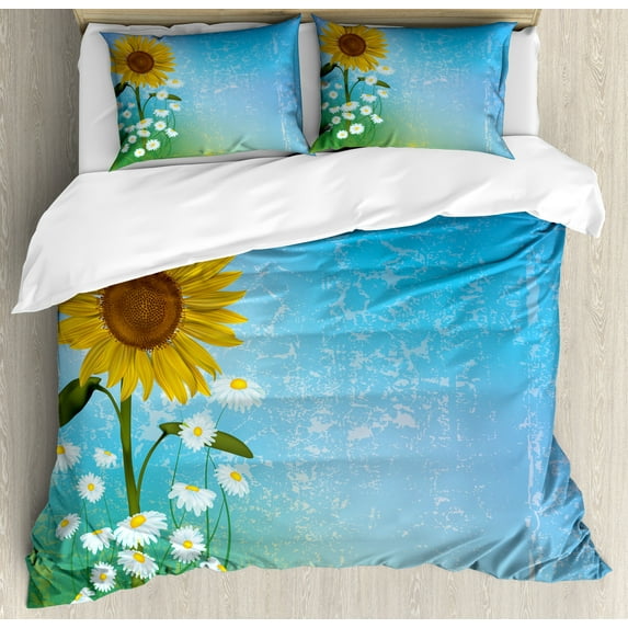 Ambesonne Pastel Duvet Cover Sets, Sunflowers Chamomiles, 2-Queen, Blue Yellow Green