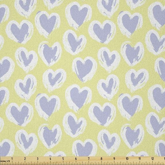 Ambesonne Pastel Fabric by the Yard Microfiber, Brushstroke Drawn Hearts, 1 Yard, Pale Yellow Lilac