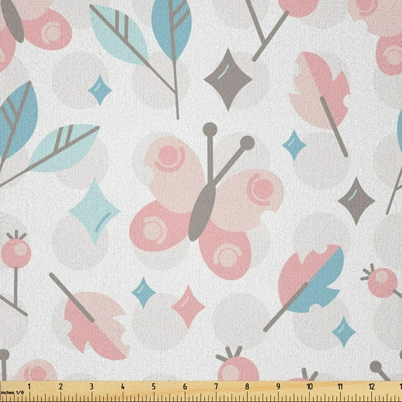 Ambesonne Pastel Fabric by the Yard Microfiber, Butterflies and Round Shapes, 1 Yard, White Blush Pale Blue