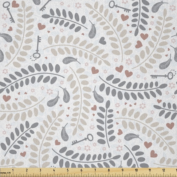 Ambesonne Pastel Fabric by the Yard Microfiber, Hearts Feathers Leaves Key, 1 Yard, Dust and Grey