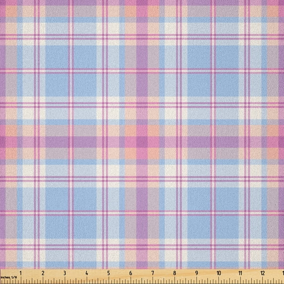 Ambesonne Pastel Fabric by the Yard Microfiber, Vintage Plaid Pattern, 3 Yards, Fuchsia Salmon Pale Blue