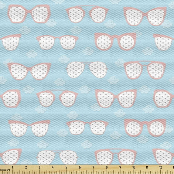 Ambesonne Pastel Fabric by the Yard Upholstery, Eyeglasses on Mini-Clouds, 5 Yards, Blue Blush