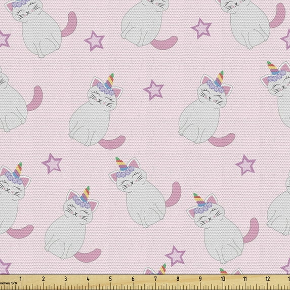 Ambesonne Pastel Fabric by the Yard Upholstery, Unicorn Caticorns Kittens, 5 Yards, Rose Multicolor