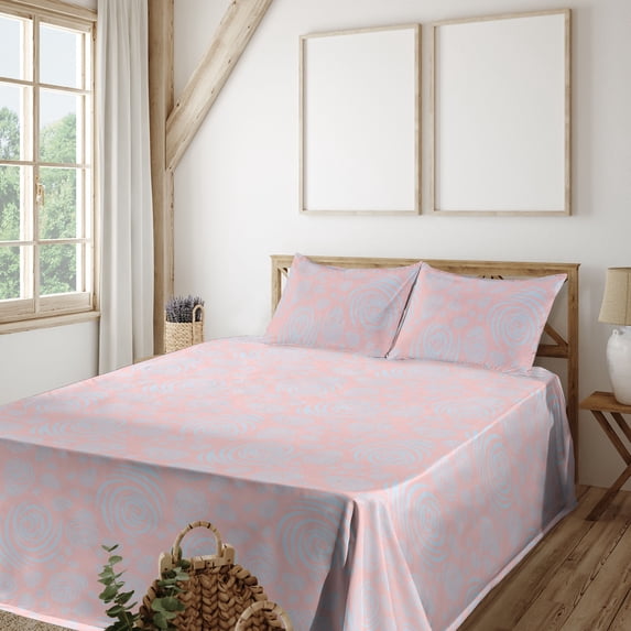 Ambesonne Pastel Fitted & Flat Sheet with Shams 4 Pcs Set, Modern Soft Abstract Design, Queen, Pale Pink and Pale Azure Blue