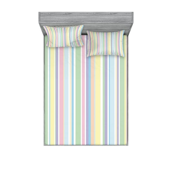 Ambesonne Pastel Fitted Sheet & Pillow Sham Set, Striped Classic Pattern, Full, Multicolor