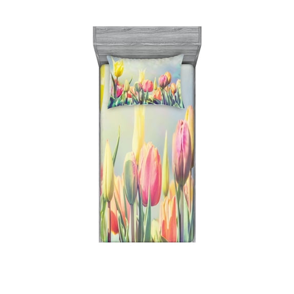 Ambesonne Pastel Fitted Sheet & Pillow Sham Set, Tulips Flower Bed Park, Twin, Multicolor