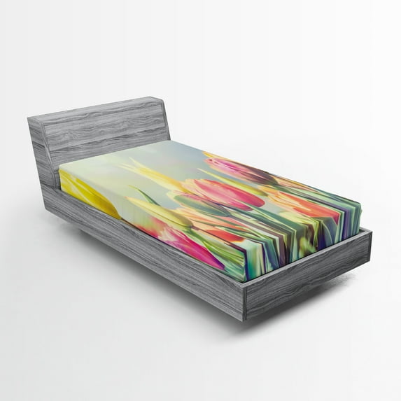 Ambesonne Pastel Fitted Sheet, Tulips Flower Bed Park, Twin Size, Multicolor