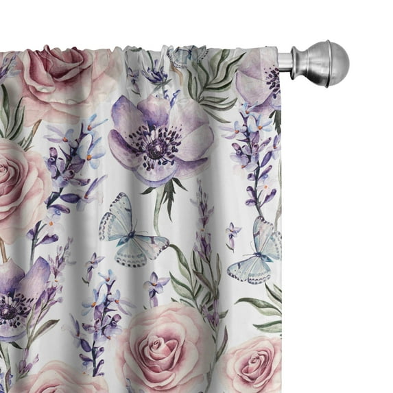 Ambesonne Pastel Floral Curtains, Anemone Rose Lavender, Pair of 28"x63", Mauve Blush Sage Green