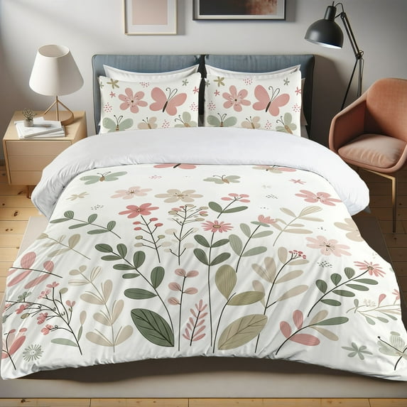 Ambesonne Pastel Floral Duvet Cover Set, Leafy Butterflies, King, Sage Green Tan Pale Pink
