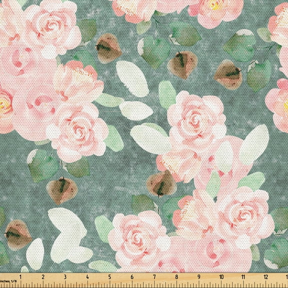 Ambesonne Pastel Floral Fabric by the Yard Upholstery, Soft Innocent Flowers, 1 Yard, Laurel Green and Blush