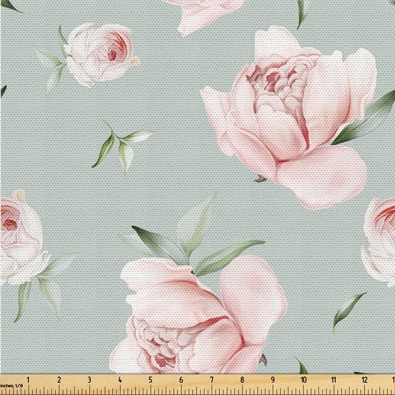 Ambesonne Pastel Floral Fabric by the Yard Upholstery, Peony Blooms Leaves, 5 Yards, Pale Sage Green Rose