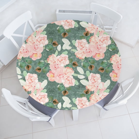 Ambesonne Pastel Floral Fitted Round Tablecloth, Soft Innocent Flowers, 56"- 60" Diameter, Laurel Green and Blush