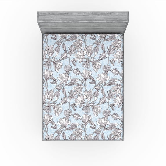 Ambesonne Pastel Floral Fitted Sheet, Branches Magnolia Art, California King, Soft Blue and Dark Purple