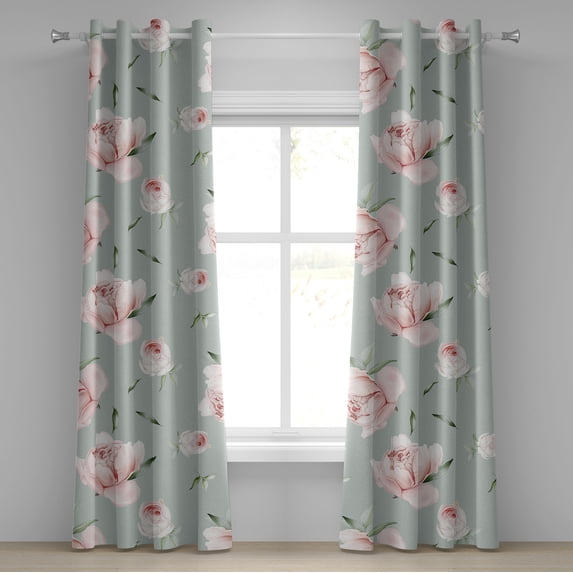 Ambesonne Pastel Floral Grommet Curtain, Peony Blooms Leaves, 50"x120", Pale Sage Green Rose