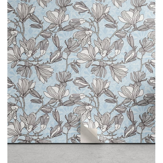 Ambesonne Pastel Floral Peel & Stick Wallpaper for Home, Branches Magnolia Art, 13"x36", Soft Blue and Dark Purple