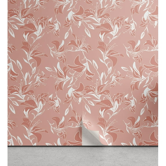 Ambesonne Pastel Floral Peel & Stick Wallpaper for Home, Peachy Lily Flowers, 13"x100", Coral Pale Salmon White