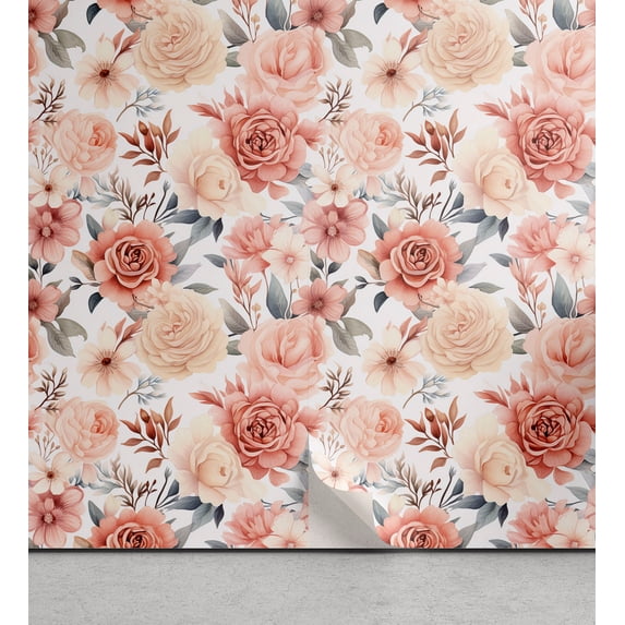 Ambesonne Pastel Floral Peel & Stick Wallpaper for Home, Soft Delicate Garden, 13"x36", Salmon Peach and Blue Grey