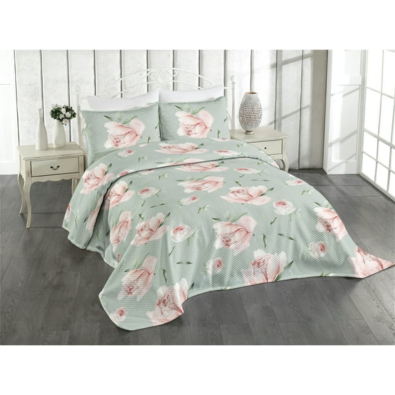 Ambesonne Pastel Floral Quilted Coverlet 3 Pcs, Peony Blooms Leaves, Queen Size, Pale Sage Green Rose
