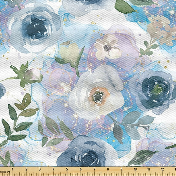 Ambesonne Pastel Flowers Fabric by the Yard Upholstery, Soft Wild Flowers, 10 Yards, Slate Blue Lilac and Pale Tan