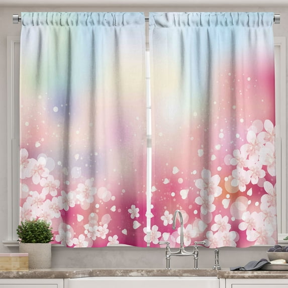 Ambesonne Pastel Kitchen Curtains, Dreamy Cherry Blossoms, 55"x39", Pale Pink Pale Blue