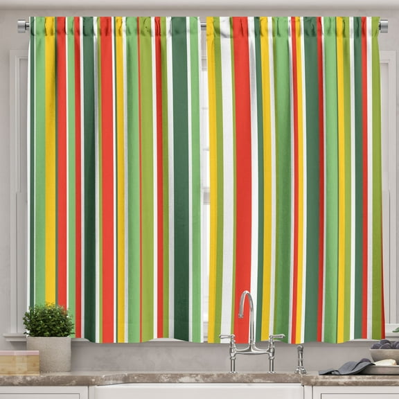 Ambesonne Pastel Kitchen Curtains, Striped Pattern Lines Print, 55"x36", Hunter Green