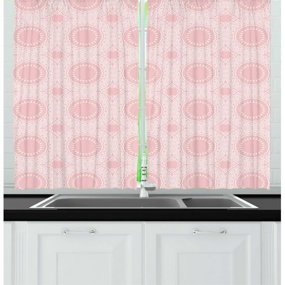 Ambesonne Pastel Kitchen Curtains, Traditional Mosaic Pattern, 55"x45", Pale Pink White