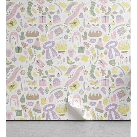 Ambesonne Pastel Peel & Stick Wallpaper for Home, Christmas Time Ornaments, 13"x100", White Green