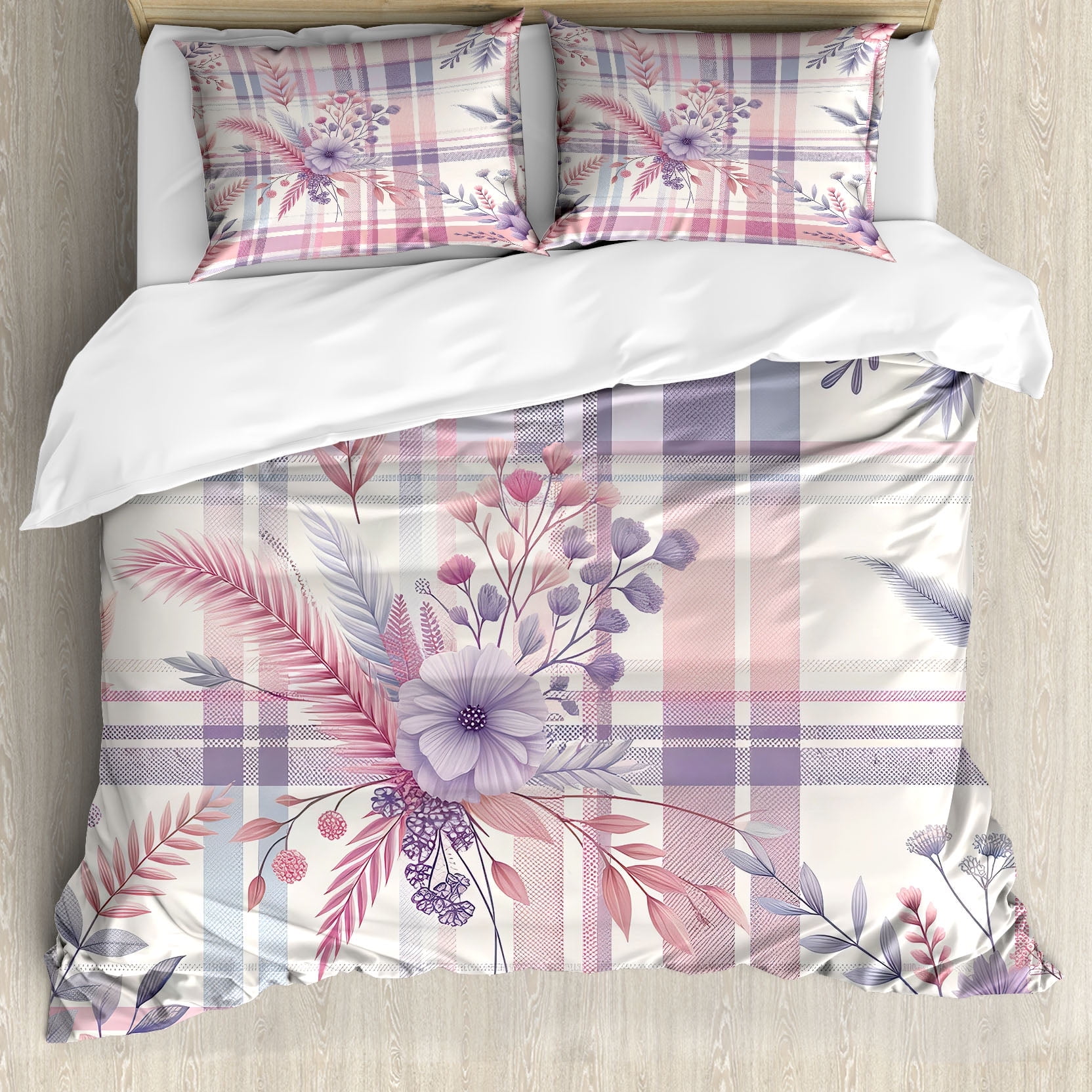 Lilac and Pale Pink Floral Plaid California King Duvet Cover Set