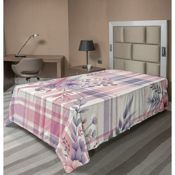 Ambesonne Pastel Plaid Flat Sheet, Romantic Soft Floral, TwinXL Size, Lilac and Pale Pink