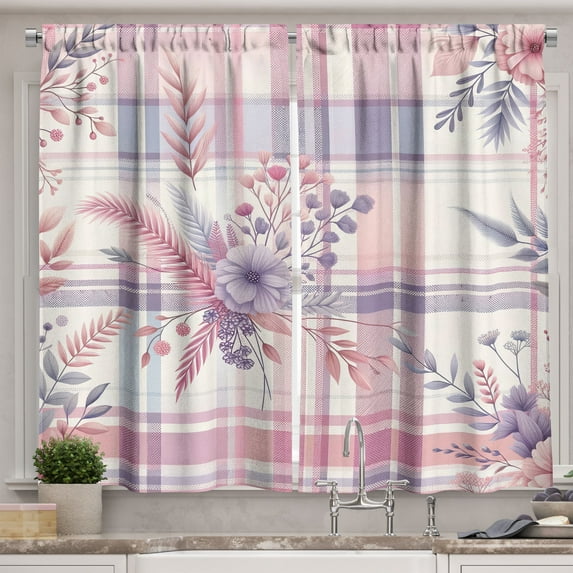 Ambesonne Pastel Plaid Kitchen Curtains, Romantic Soft Floral, 55"x36", Lilac and Pale Pink