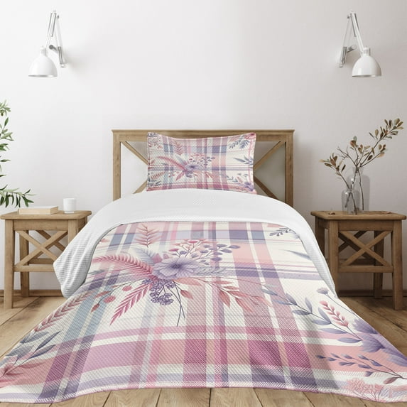 Ambesonne Pastel Plaid Quilted Bedspread Set 2 Pcs, Romantic Soft Floral, Twin Size, Lilac and Pale Pink